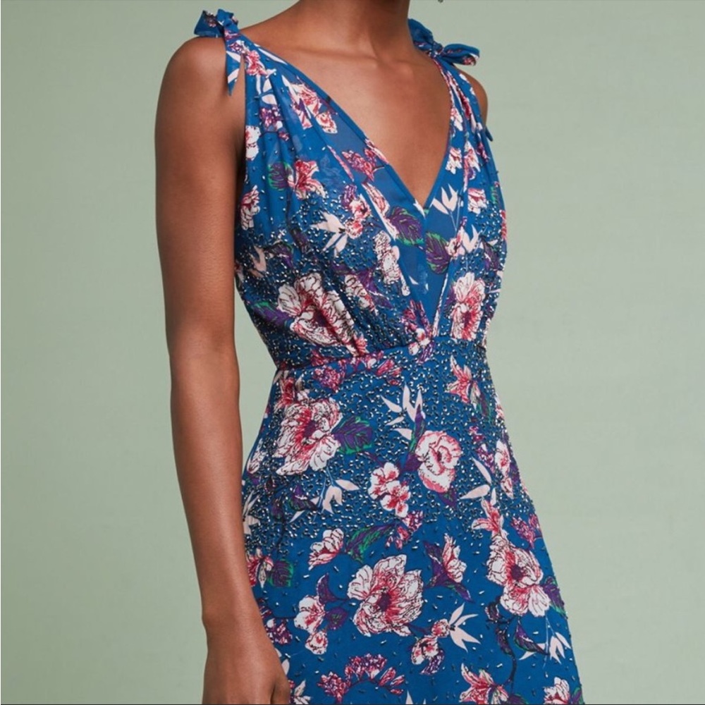 Ranna Gill Beaded Navy Blue Floral Dress Anthropologie XL
